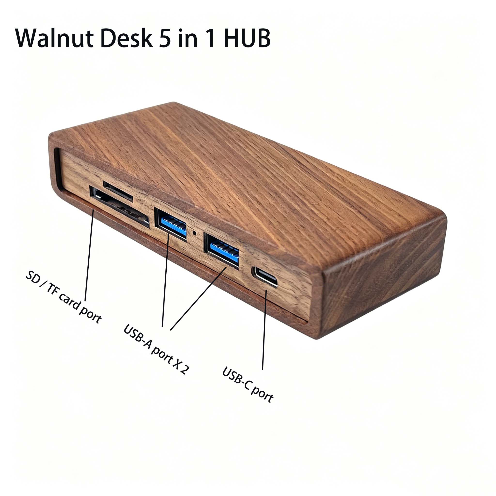 Desk Setup Usb Hub - Hub USB 5-in-1 dari Kayu Walnut