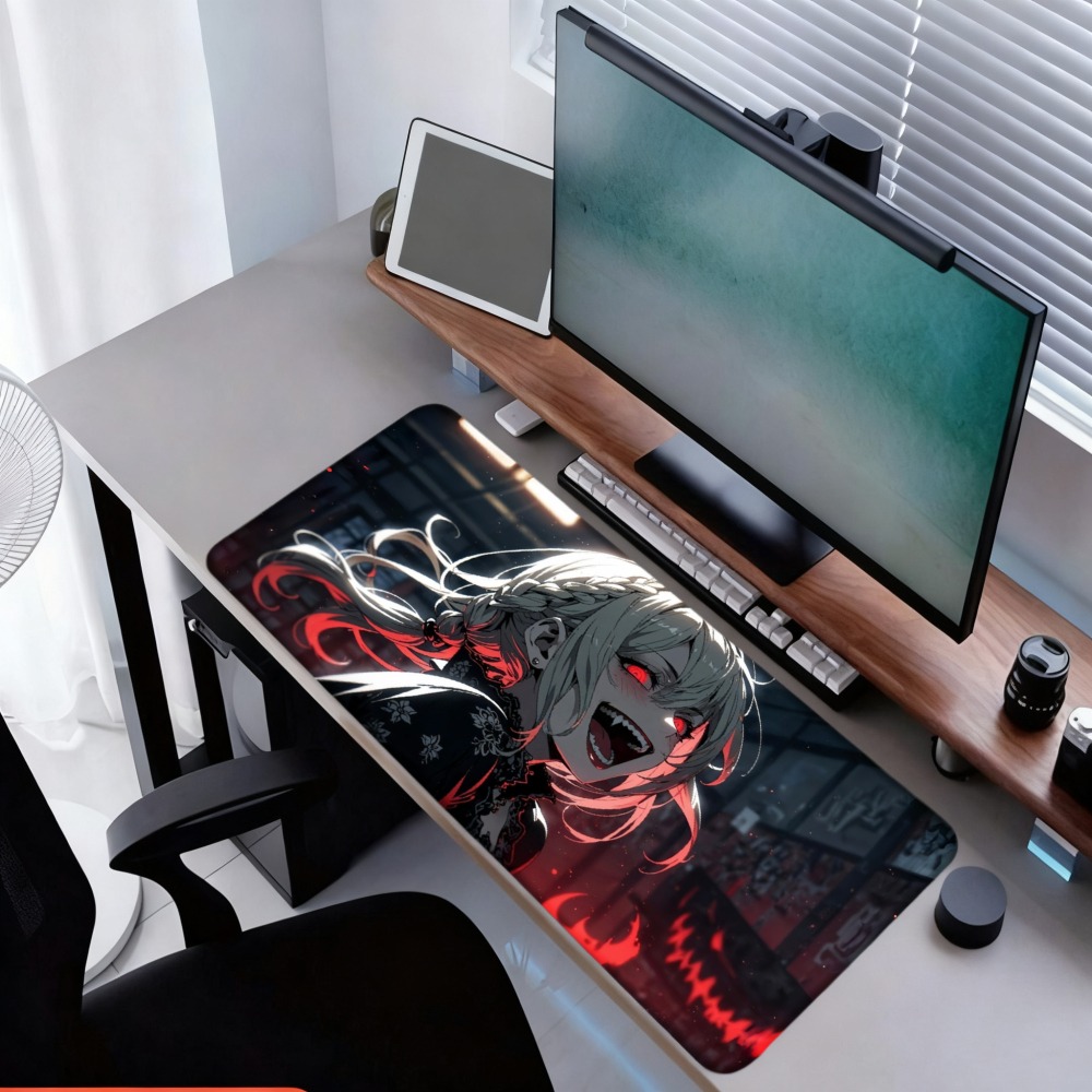 Desk Setup Red - Seorang gadis anime dengan api merah