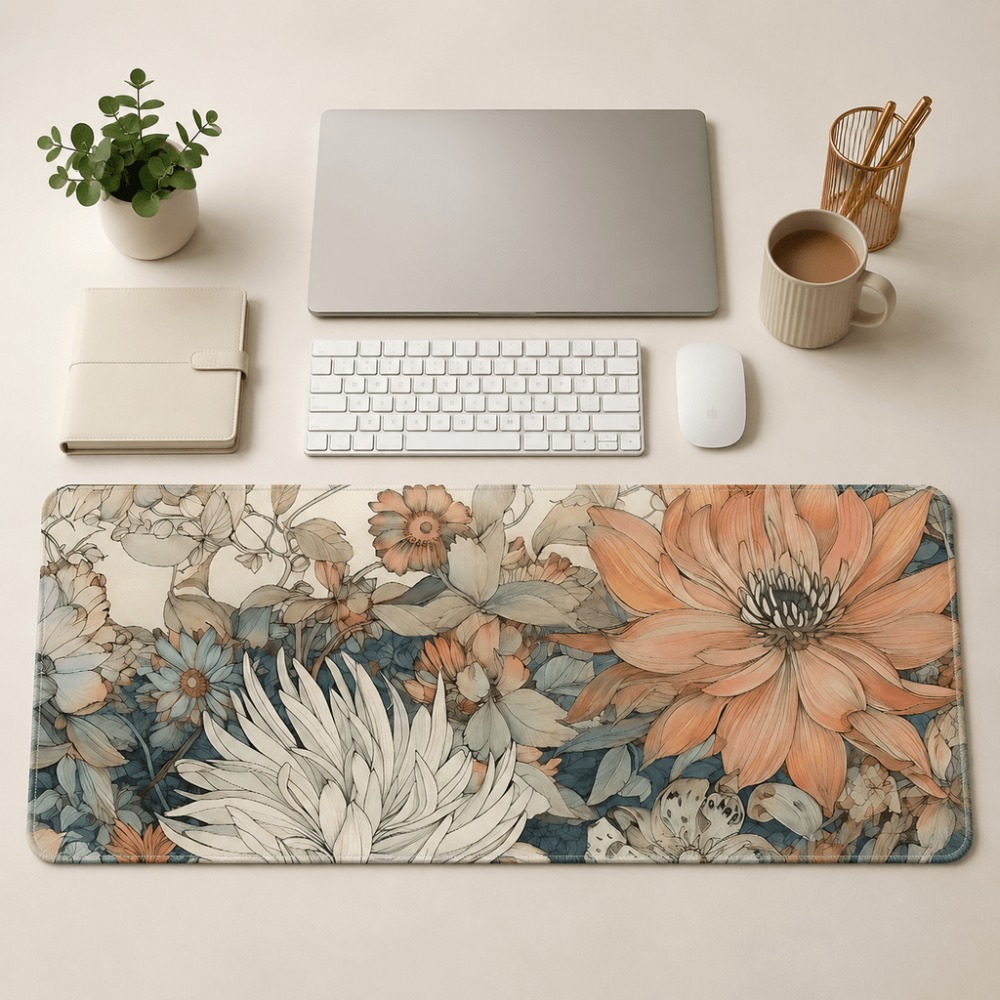 Desk Setup For Work - Alas meja bermotif bunga retro, menampilkan