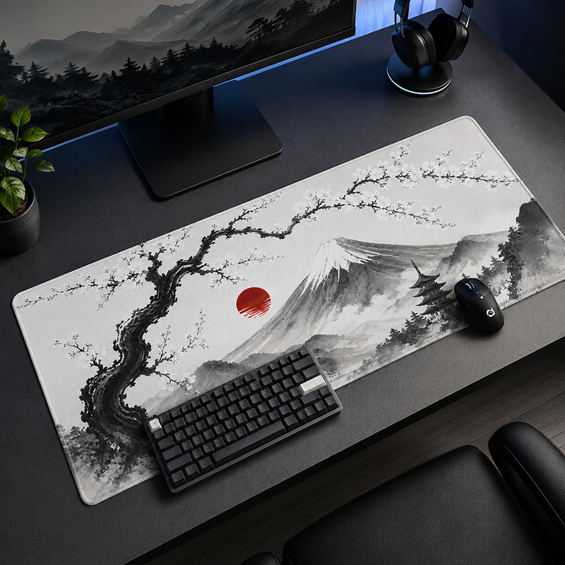 Desk Setup Red - Alas Mouse Ink Mountain Red Sun